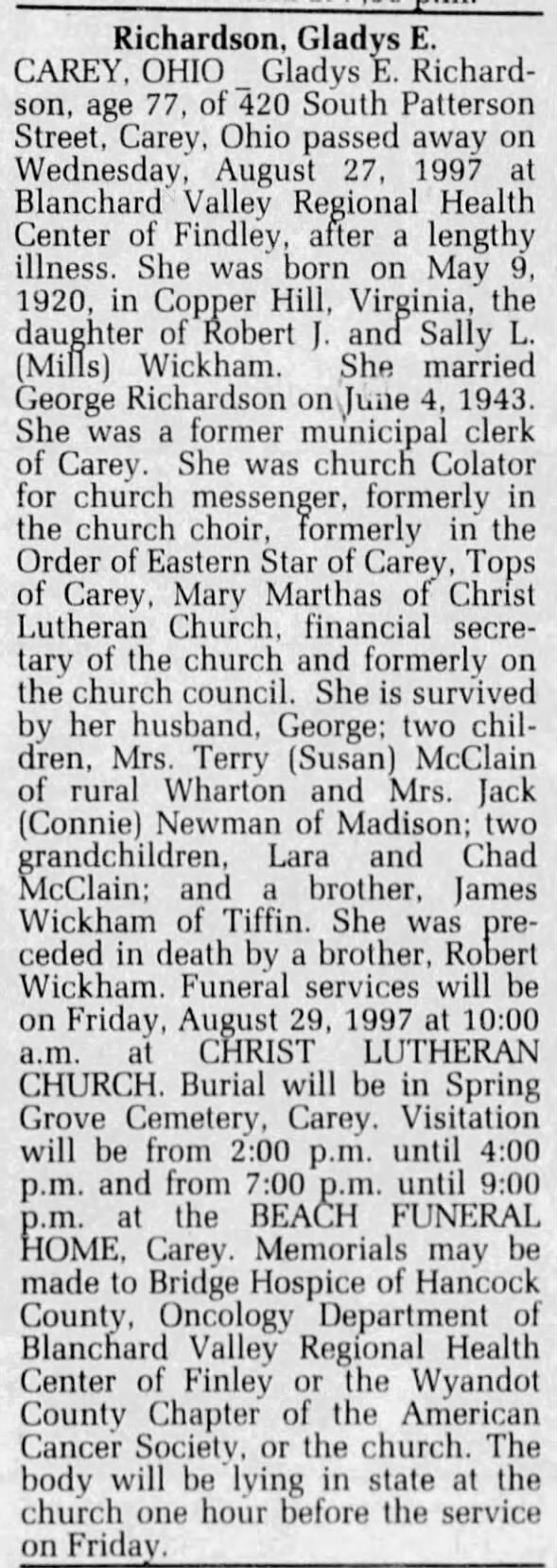 Obituary for Gladys E. Richardson, 1920-1997 (Aged 77)